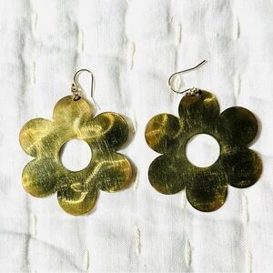 Gold Flower Artsan Brass Earrings 2” drop